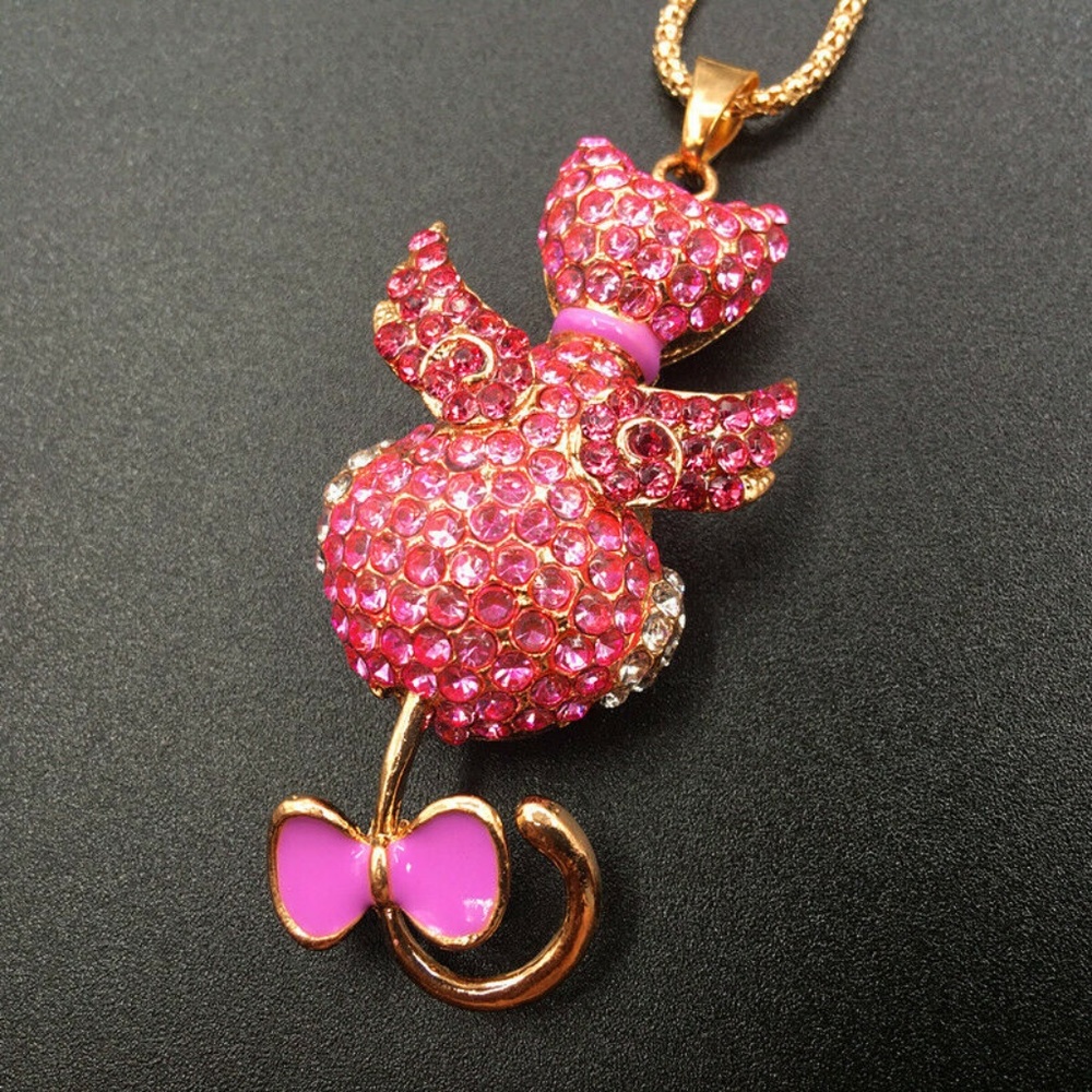 Pink Rhinestone Cat with Wings Necklace